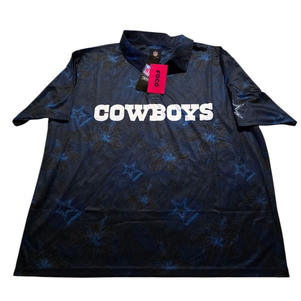 NFL Dallas Cowboys Football Team FOCO Floral Polyester Blue Polo Shirt Men XL